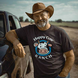 Ranch Owner with cow t-shirt mascot